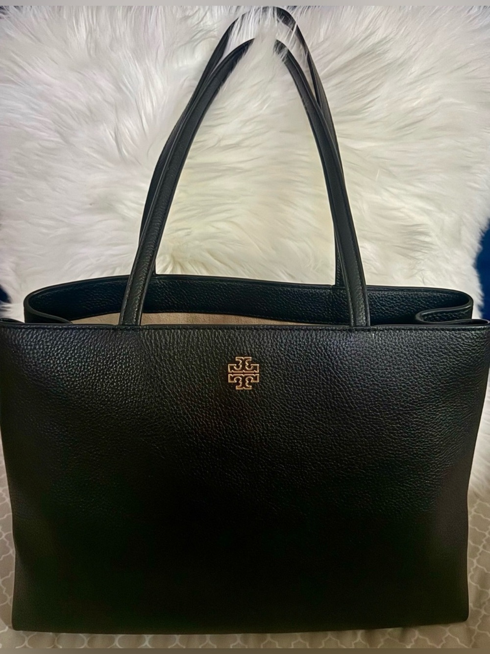 Tory Burch Black Pebbled Leather Tote with Gold Logo